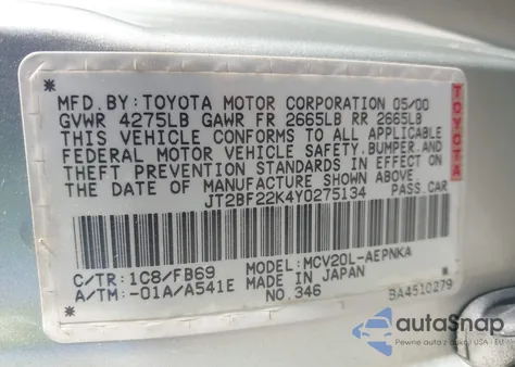 2000 Toyota Camry Le V6 из США, поврежденный, VIN JT2BF22K4Y0275134